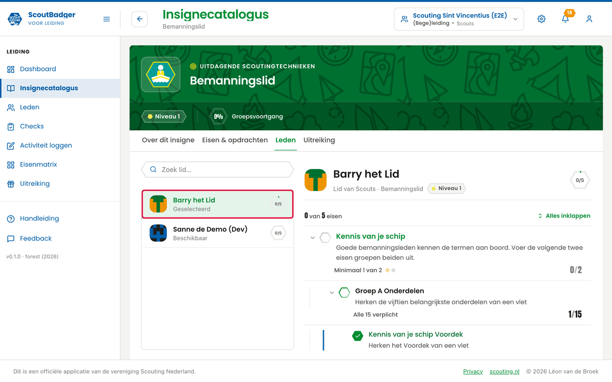 Insigne Bemanningslid, tabblad Leden, lid Barry het Lid gemarkeerd.