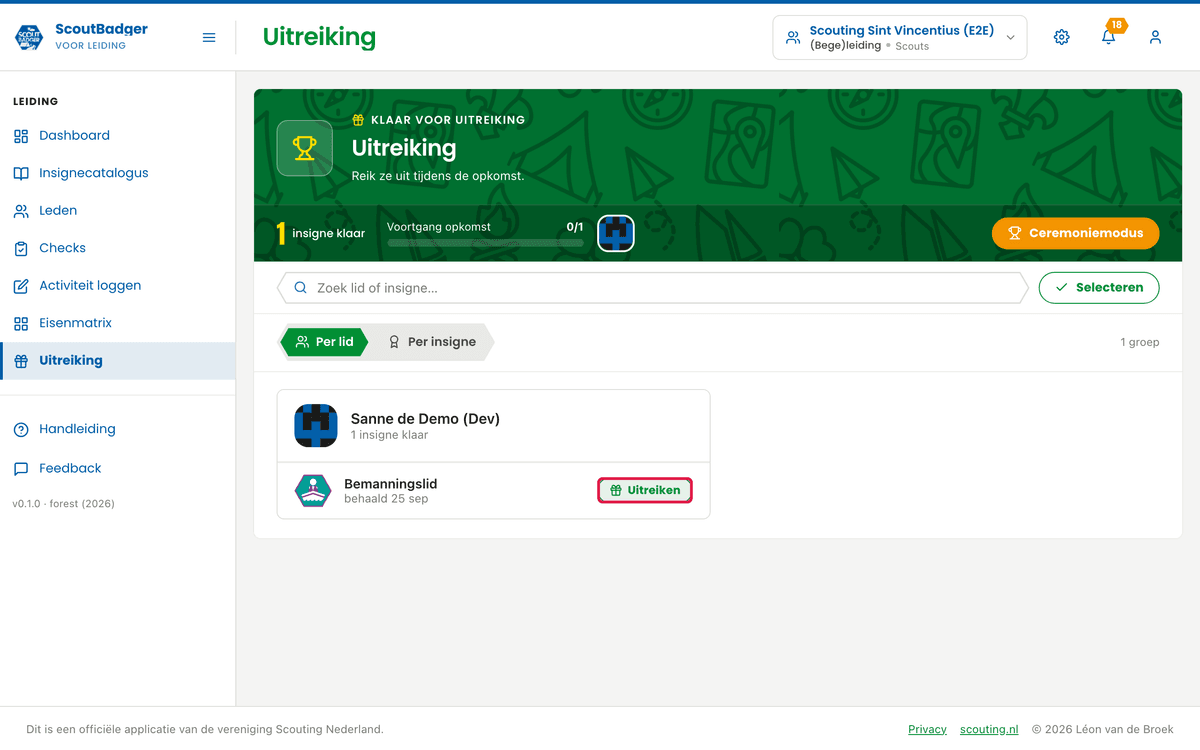 Pagina Uitreiking, knop Uitreiken gemarkeerd op de rij die klaarstaat.