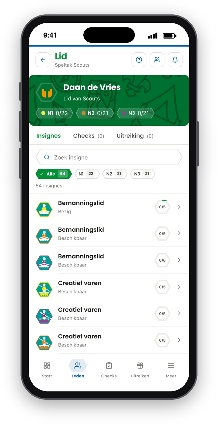 Scoutpaspoort van een lid, op een telefoon