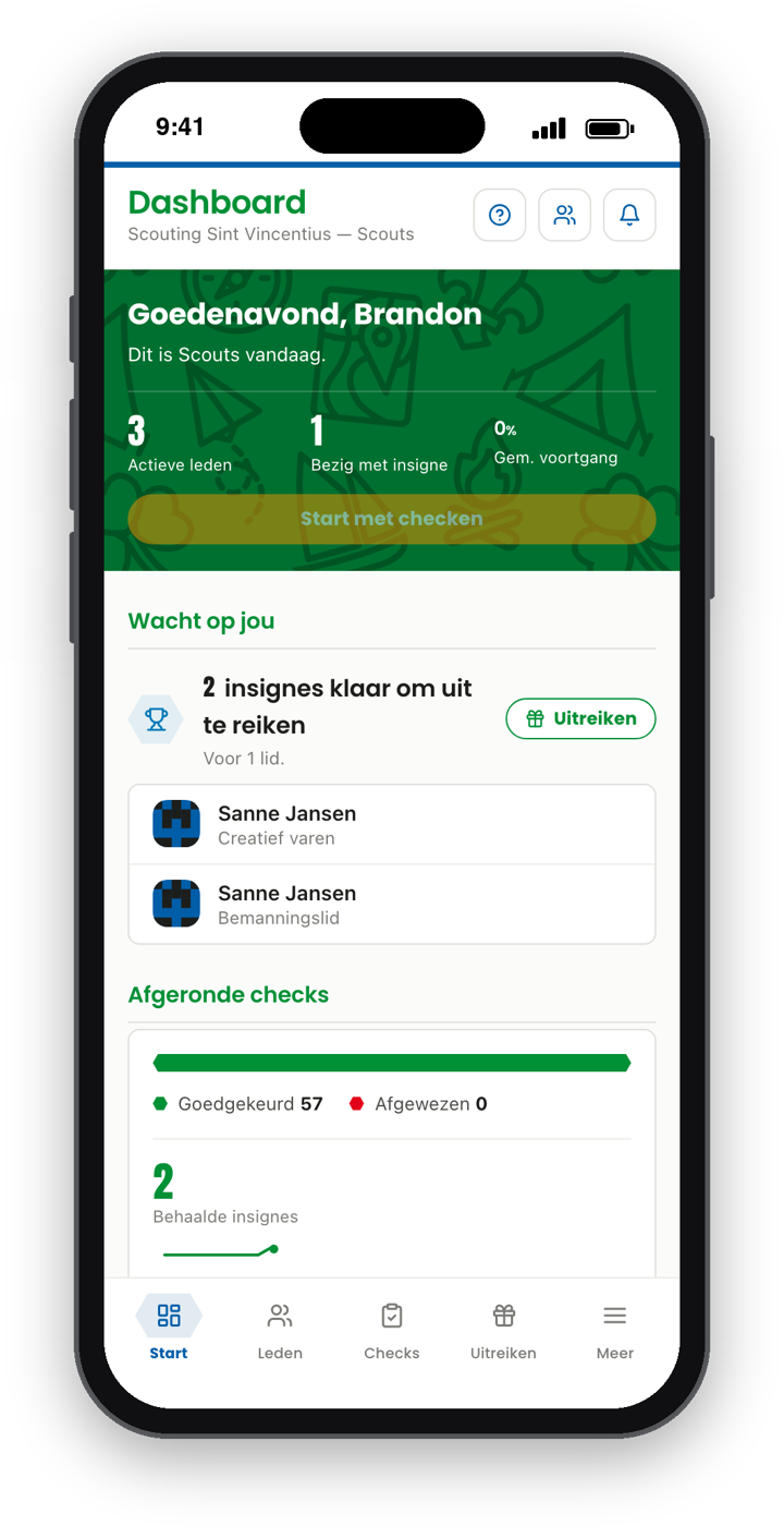 Startpagina van ScoutBadger voor leiding op een telefoon