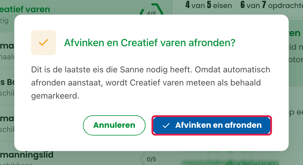 Bevestiging Afvinken en Creatief varen afronden, de knop Afvinken en afronden gemarkeerd.